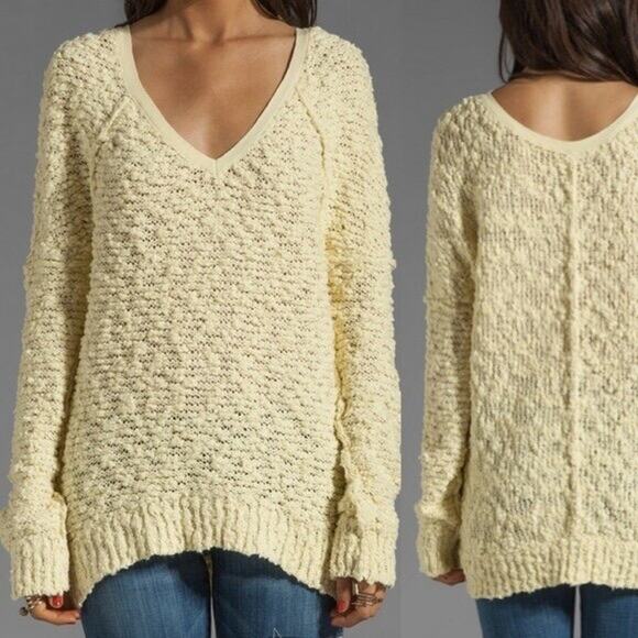 FREE PEOPLE Songbird Pastel Butter Yellow Soft Boucle Vneck Sweater size XS - Picture 1 of 8